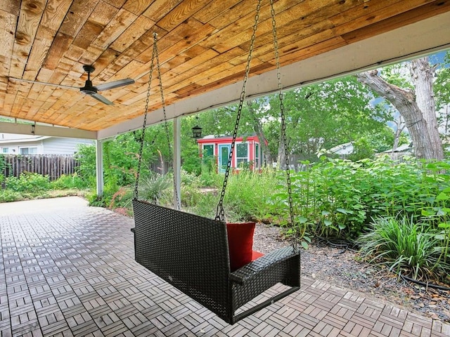 3811 Byron Dr, Austin, TX 78704 - view of patio with ceiling fan and an outdoor structure