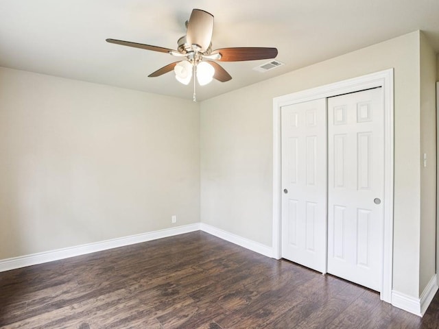 3811 Byron Dr, Austin, TX 78704 - unfurnished bedroom with dark wood-style flooring, a closet, and ceiling fan