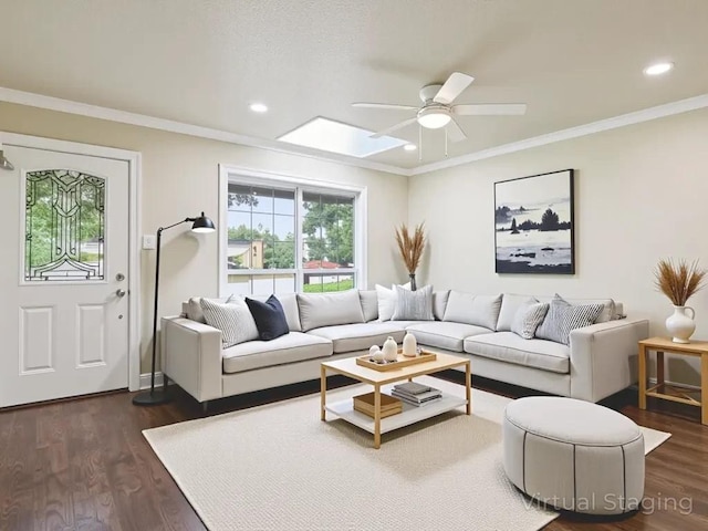 3811 Byron Dr, Austin, TX 78704 - living room featuring ceiling fan, dark wood-style flooring, crown molding, recessed lighting, and a skylight