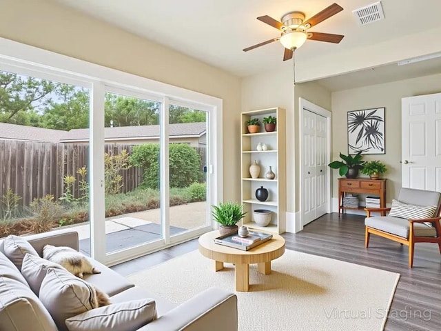 3811 Byron Dr, Austin, TX 78704 - living room featuring ceiling fan and wood finished floors