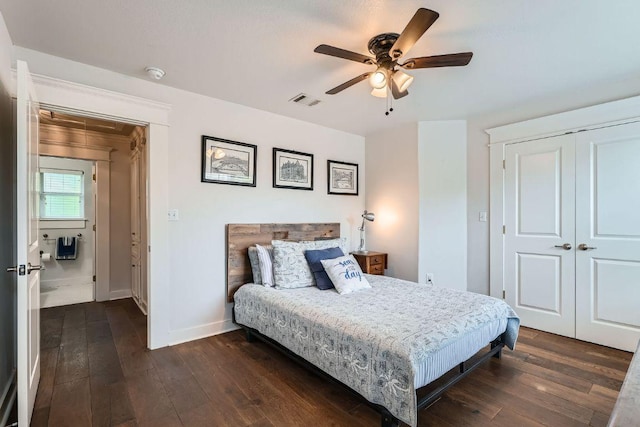 1117 Algarita Ave, Austin, TX 78704 - bedroom with dark wood-style floors, a closet, and ceiling fan