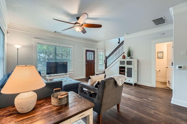 1117 Algarita Ave, Austin, TX 78704 - living room featuring a ceiling fan, dark wood finished floors, crown molding, and stairs