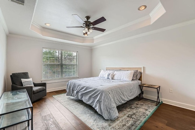 1117 Algarita Ave, Austin, TX 78704 - bedroom with a raised ceiling, hardwood / wood-style flooring, ornamental molding, and a ceiling fan
