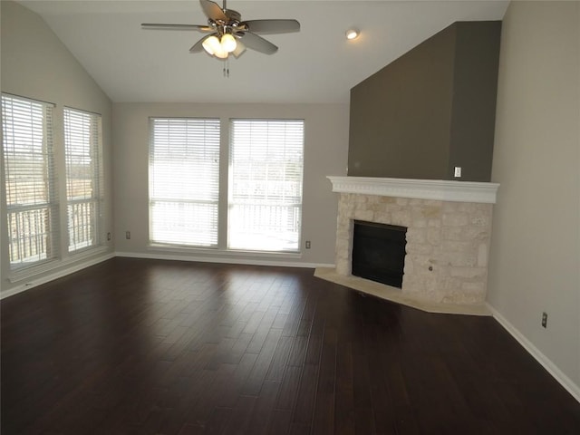 4008 Sable Oaks Dr, Round Rock, TX 78664 - unfurnished living room featuring lofted ceiling, ceiling fan, dark wood-style flooring, and a fireplace