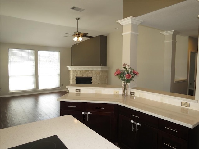 4008 Sable Oaks Dr, Round Rock, TX 78664 - kitchen with open floor plan, ornate columns, ceiling fan, light countertops, and lofted ceiling