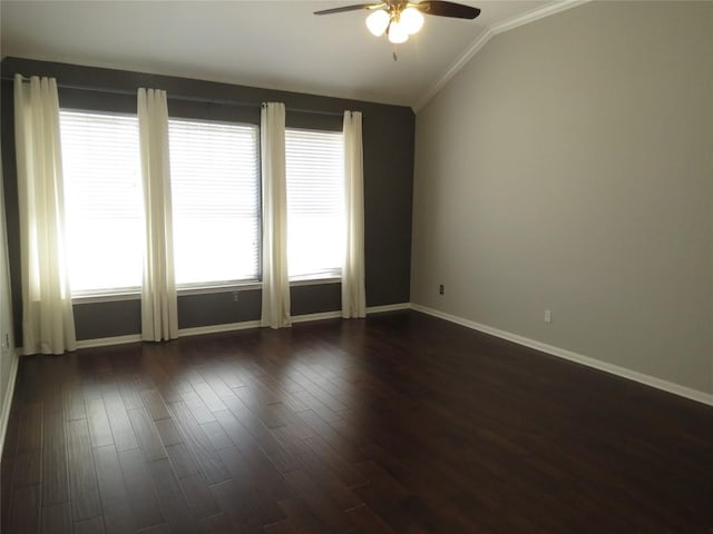 4008 Sable Oaks Dr, Round Rock, TX 78664 - empty room with ceiling fan, ornamental molding, lofted ceiling, and dark wood-style flooring