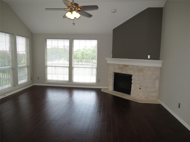 4008 Sable Oaks Dr, Round Rock, TX 78664 - unfurnished living room featuring lofted ceiling, a ceiling fan, dark wood-type flooring, and a fireplace
