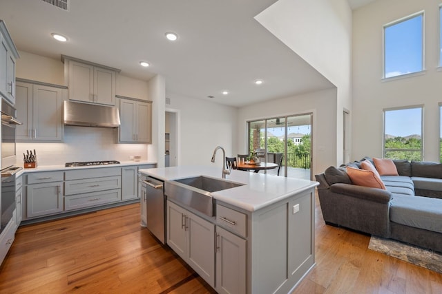 4628 Vieste Vw, Leander, TX 78641 - kitchen featuring gray cabinetry, appliances with stainless steel finishes, under cabinet range hood, open floor plan, and light countertops