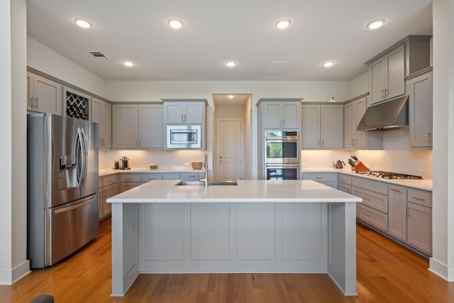 4628 Vieste Vw, Leander, TX 78641 - kitchen featuring appliances with stainless steel finishes, gray cabinets, an island with sink, under cabinet range hood, and light countertops