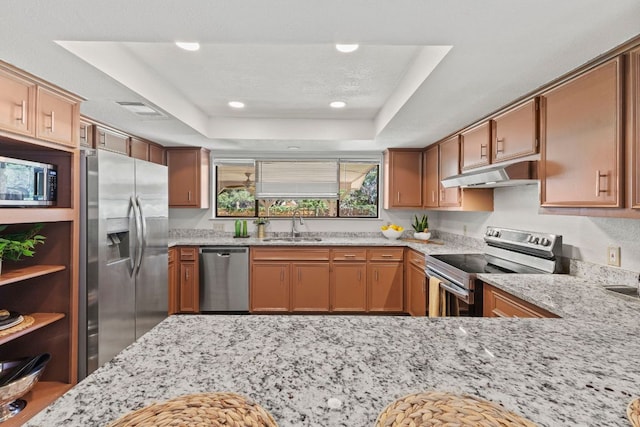 4003 Park Dr, Round Rock, TX 78681 - kitchen featuring stainless steel appliances, under cabinet range hood, a tray ceiling, light stone counters, and recessed lighting