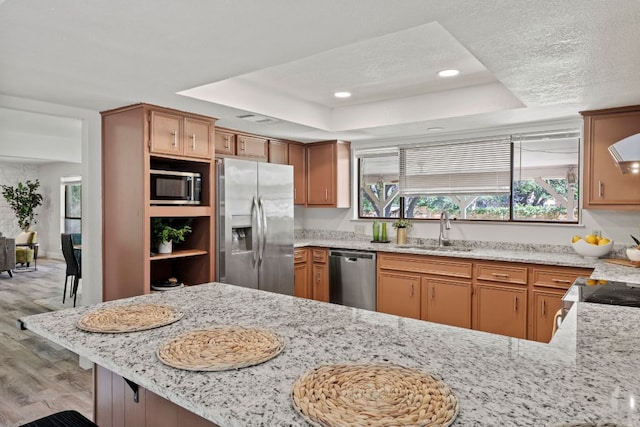 4003 Park Dr, Round Rock, TX 78681 - kitchen featuring stainless steel appliances, a tray ceiling, light wood finished floors, light stone countertops, and recessed lighting