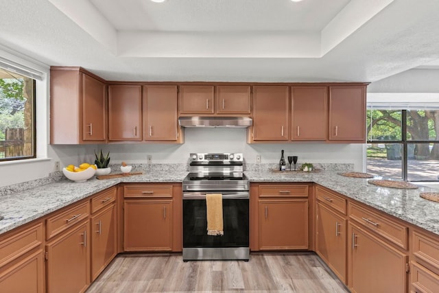 4003 Park Dr, Round Rock, TX 78681 - kitchen featuring stainless steel electric stove, under cabinet range hood, a tray ceiling, and plenty of natural light