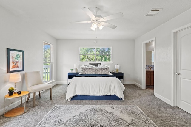 4003 Park Dr, Round Rock, TX 78681 - bedroom featuring carpet flooring, a ceiling fan, and ensuite bath