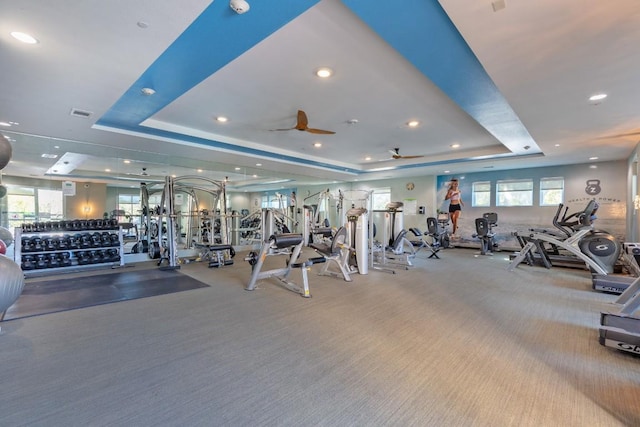 1900 Barton Springs Rd Unit 3038, Austin, TX 78704 - workout area with a raised ceiling, carpet, a ceiling fan, and recessed lighting