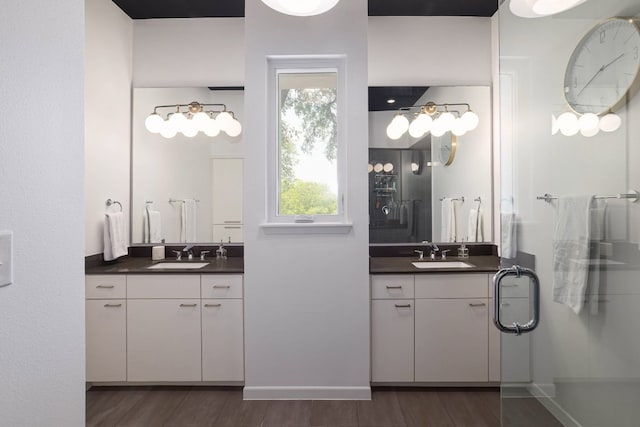 1303 Deloney St, Austin, TX 78721 - full bathroom with two vanities, wood finished floors, and a shower with shower door