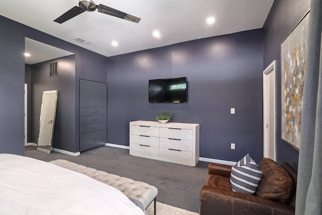 1303 Deloney St, Austin, TX 78721 - bedroom with dark colored carpet, a ceiling fan, and recessed lighting