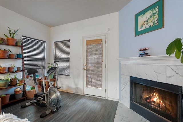 9206 Brents Elm Dr, Austin, TX 78744 - workout room with a fireplace and wood finished floors