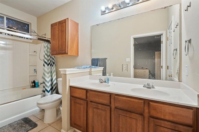9206 Brents Elm Dr, Austin, TX 78744 - full bath featuring double vanity, tile patterned flooring, and shower / tub combo with curtain