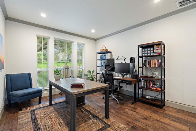 15908 Spillman Ranch Loop, Austin, TX 78738 - office with crown molding, dark wood finished floors, and recessed lighting