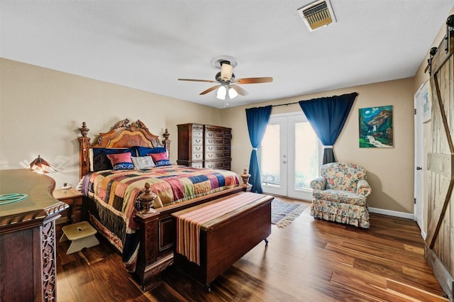 21013 Ridgeview Loop, Lago Vista, TX 78645 - bedroom with access to outside, french doors, wood finished floors, and a barn door