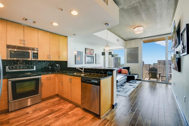360 Nueces St Unit 3807, Austin, TX 78701 - kitchen with stainless steel appliances, a peninsula, wood finished floors, backsplash, and recessed lighting