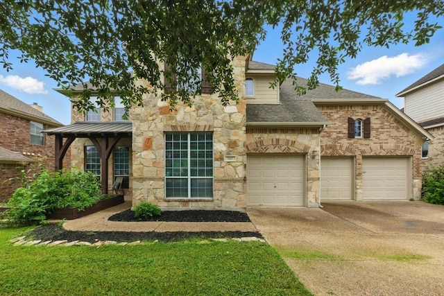 7617 Roaring Springs Dr, Austin, TX 78736 - view of front of home with stone siding, driveway, roof with shingles, and an attached garage