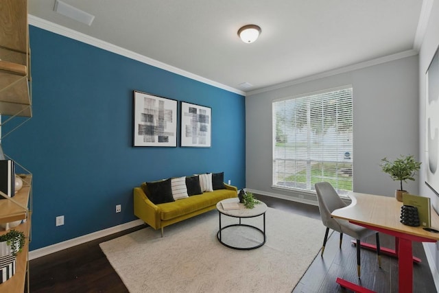 7617 Roaring Springs Dr, Austin, TX 78736 - living area with wood finished floors, ornamental molding, and an office area