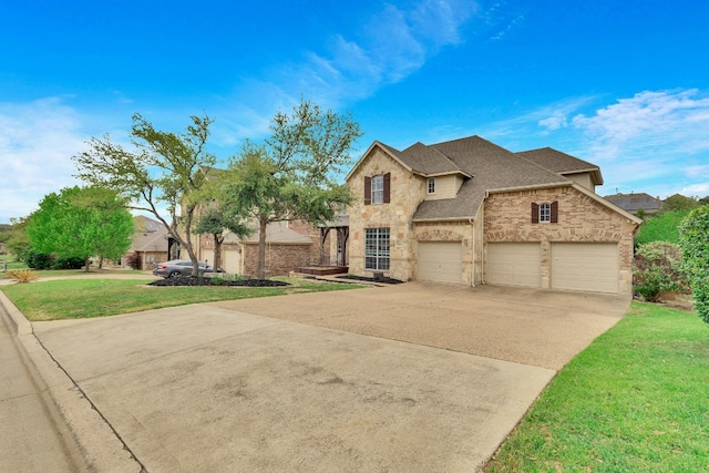 7617 Roaring Springs Dr, Austin, TX 78736 - traditional-style home featuring driveway, stone siding, a front lawn, and a shingled roof