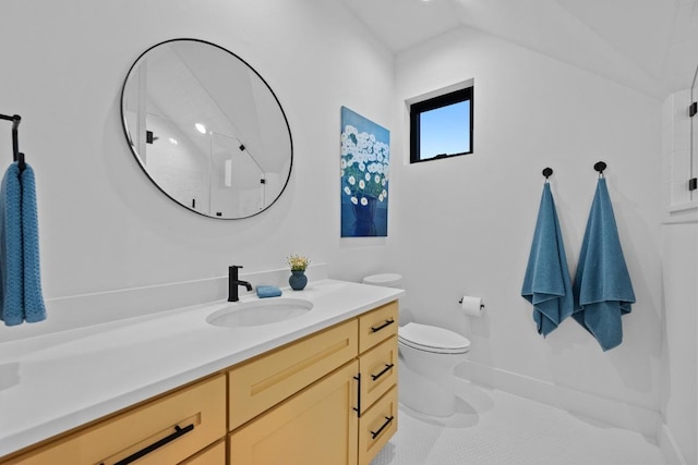 111 Rock N Robyn Trl, Horseshoe Bay, TX 78657 - bathroom featuring vanity, tile patterned flooring, a shower, and vaulted ceiling