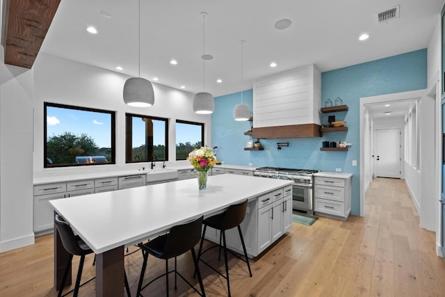 111 Rock N Robyn Trl, Horseshoe Bay, TX 78657 - kitchen with appliances with stainless steel finishes, light countertops, a center island, custom exhaust hood, and light wood-style flooring