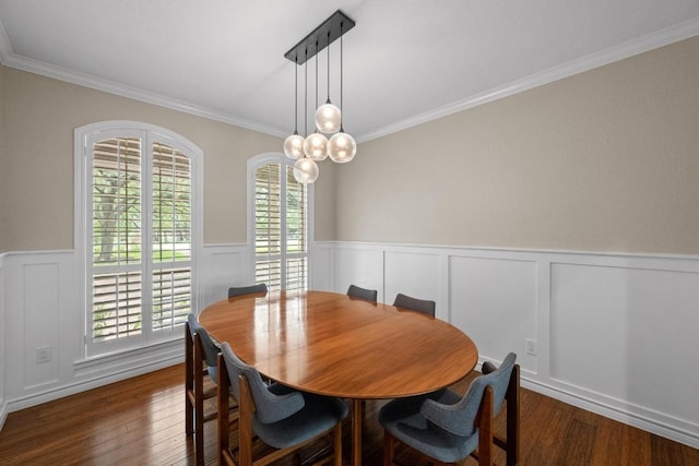 509 Explorer Dr, Lakeway, TX 78734 - dining area featuring ornamental molding, wood finished floors, a wainscoted wall, and a decorative wall