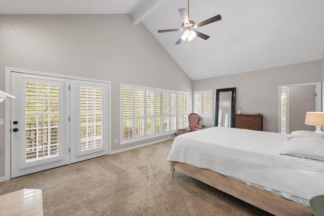 509 Explorer Dr, Lakeway, TX 78734 - carpeted bedroom with access to outside, high vaulted ceiling, beam ceiling, and ceiling fan