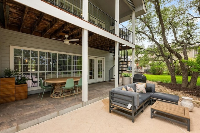 509 Explorer Dr, Lakeway, TX 78734 - view of patio featuring stairs, french doors, outdoor lounge area, and area for grilling