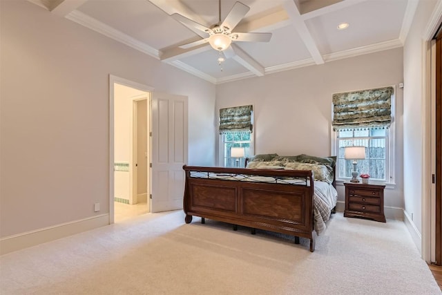 7503 Stonecliff Cir, Austin, TX 78731 - bedroom with coffered ceiling, multiple windows, beam ceiling, light carpet, and ornamental molding