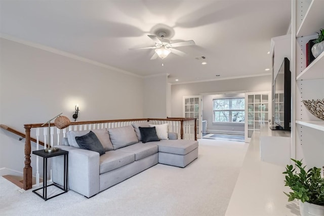 7503 Stonecliff Cir, Austin, TX 78731 - carpeted living room with ceiling fan, crown molding, and recessed lighting