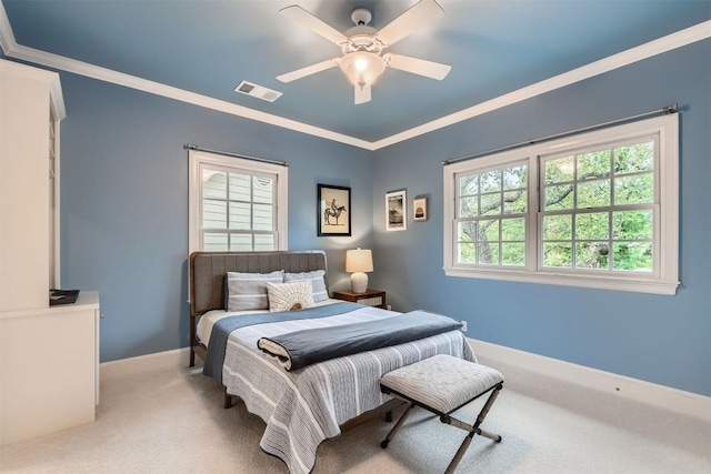 7503 Stonecliff Cir, Austin, TX 78731 - bedroom with carpet flooring, multiple windows, ornamental molding, and a ceiling fan