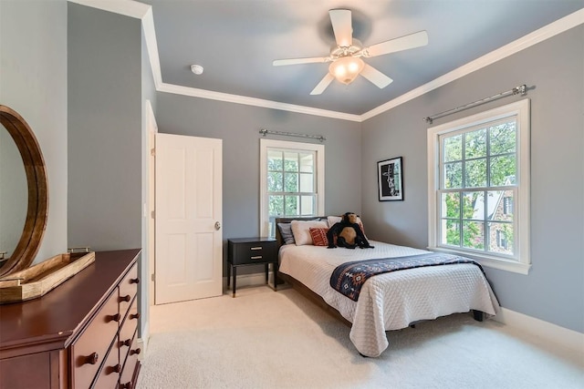 7503 Stonecliff Cir, Austin, TX 78731 - bedroom featuring light carpet, crown molding, and ceiling fan