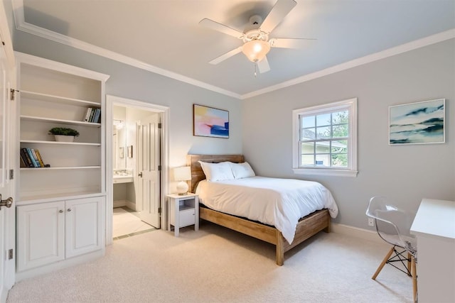 7503 Stonecliff Cir, Austin, TX 78731 - bedroom with ornamental molding, light carpet, ensuite bathroom, and a ceiling fan
