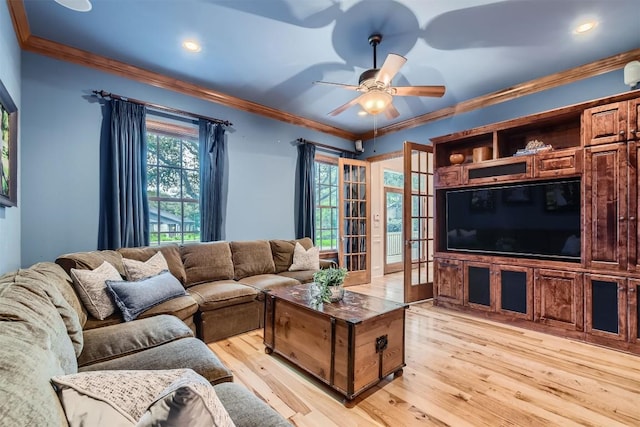 7503 Stonecliff Cir, Austin, TX 78731 - living area with light wood-style floors, a ceiling fan, ornamental molding, recessed lighting, and french doors