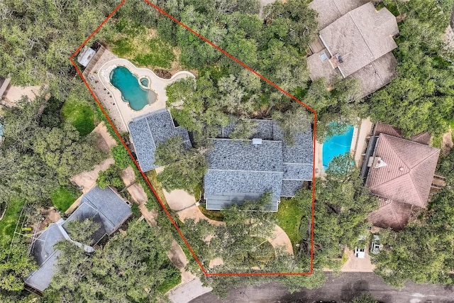 7503 Stonecliff Cir, Austin, TX 78731 - aerial view of property and surrounding area with a pool and property parcel outlined