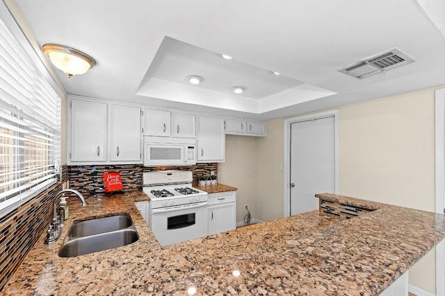 907 Great Oaks Cv, Round Rock, TX 78681 - kitchen with white appliances, a tray ceiling, tasteful backsplash, and light stone counters