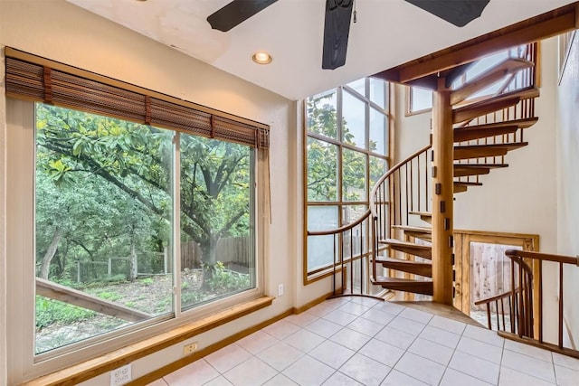 6819 Bayridge Ter, Austin, TX 78759 - entryway featuring light tile patterned flooring, plenty of natural light, recessed lighting, ceiling fan, and stairway