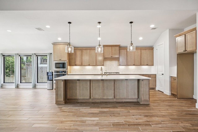 412 Pin Cherry Pass, San Marcos, TX 78666 - kitchen featuring appliances with stainless steel finishes, light wood-style floors, backsplash, recessed lighting, and light countertops