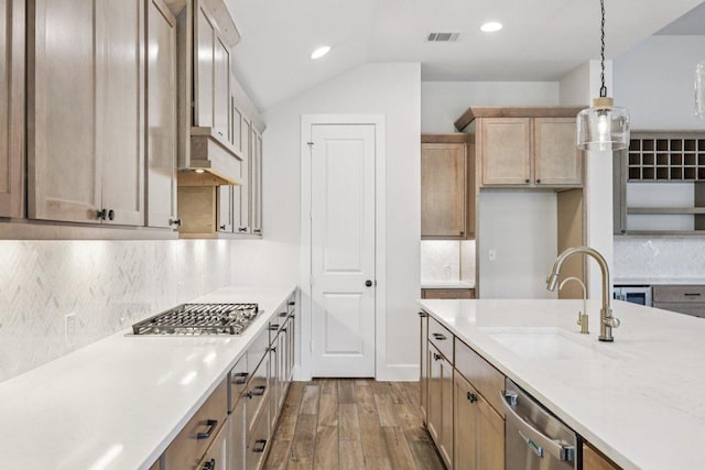 412 Pin Cherry Pass, San Marcos, TX 78666 - kitchen featuring stainless steel appliances, dark wood-type flooring, decorative backsplash, decorative light fixtures, and vaulted ceiling