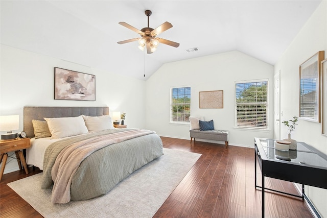 11024 Mint Julep Dr, Austin, TX 78748 - bedroom with dark wood finished floors, vaulted ceiling, and a ceiling fan