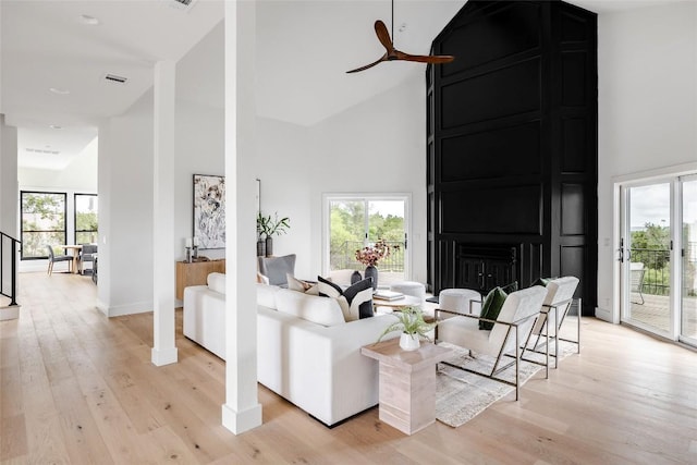 3901 Peak Lookout Dr, Austin, TX 78738 - living room with high vaulted ceiling, light wood-style flooring, and a ceiling fan