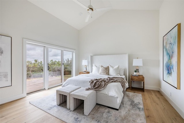 3901 Peak Lookout Dr, Austin, TX 78738 - bedroom with access to exterior, high vaulted ceiling, light wood-style flooring, and ceiling fan