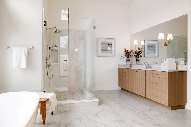 3901 Peak Lookout Dr, Austin, TX 78738 - bathroom featuring vanity, marble look tile flooring, a shower stall, and a freestanding bath