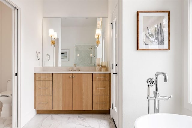 3901 Peak Lookout Dr, Austin, TX 78738 - bathroom featuring marble finish floors, vanity, a shower stall, and a freestanding tub