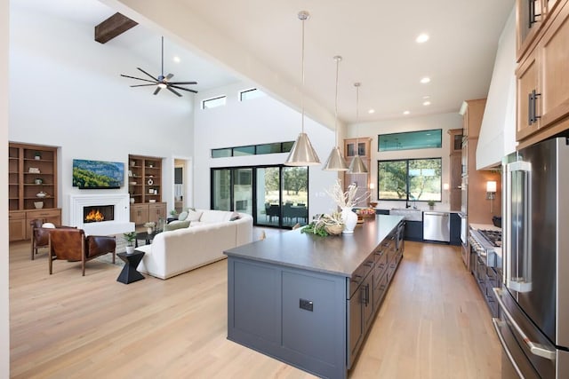 439 Junker Hl, Fredericksburg, TX 78624 - kitchen featuring appliances with stainless steel finishes, a warm lit fireplace, a center island, light wood-type flooring, and a ceiling fan